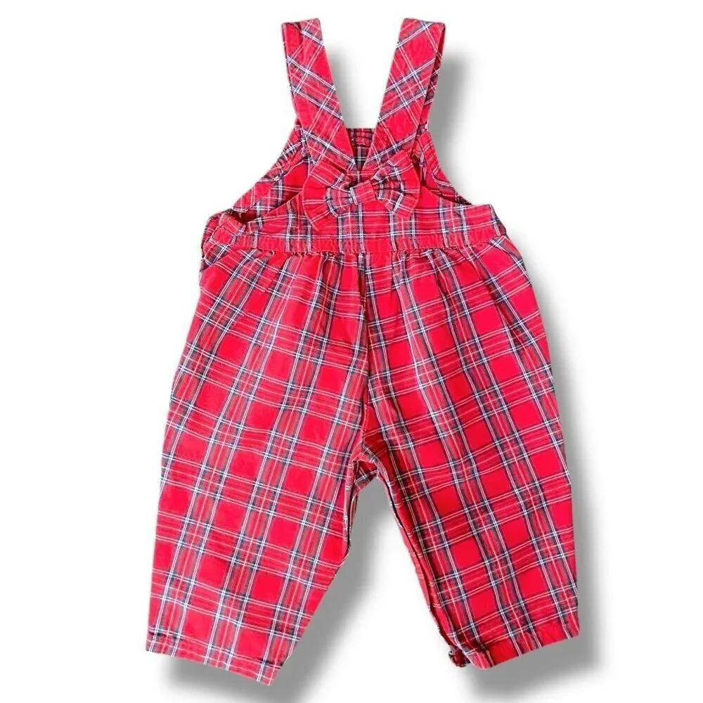 Vintage OshKosh B'Gosh Girls Overalls Sz 12 Month Red Plaid Bow Back Bubble Xmas